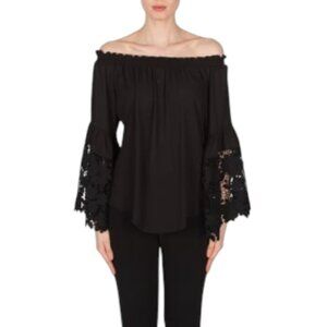 Joseph Ribkoff Black Off Shoulder Floral Lace Statement Sleeve Blouse Sz 8